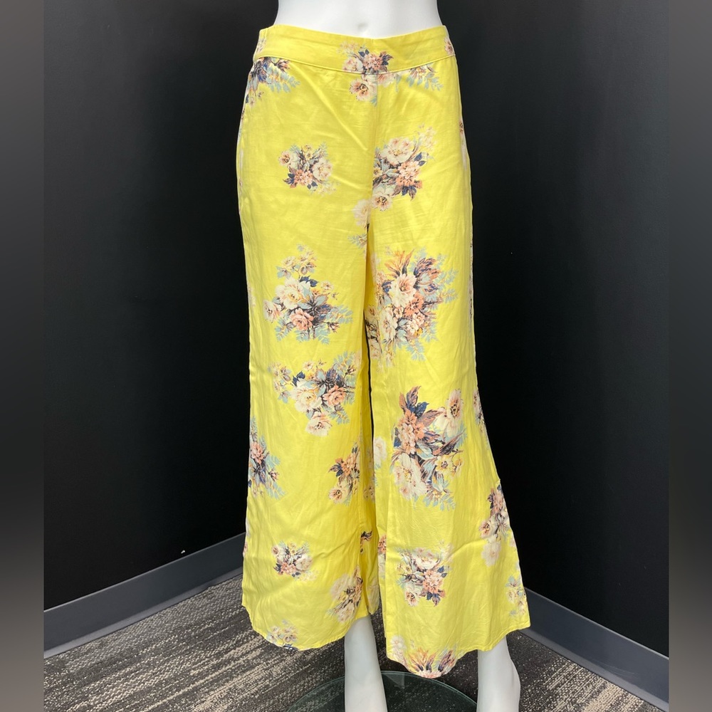 Yellow floral wide leg pants.